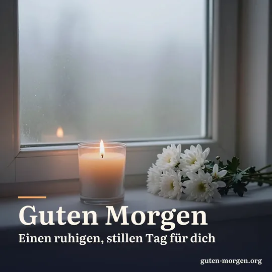 Eine brennende Kerze neben weißen Chrysanthemen auf der Fensterbank, draußen grauer Morgennebel; Schrift: „Guten Morgen – Einen ruhigen, stillen Tag für dich“