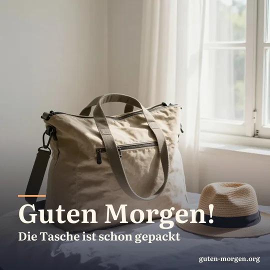Gepackte Reisetasche aus Stoff und ein Strohhut auf einem Bett am offenen Fenster, Morgensonne und wehende Vorhänge; Schrift: „Guten Morgen! Die Tasche ist schon gepackt“