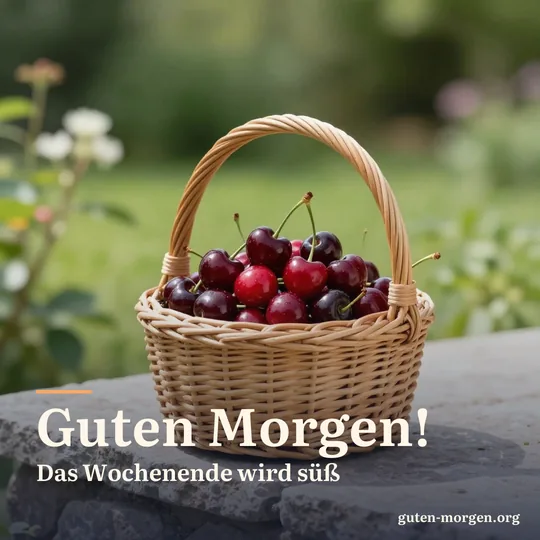 Frisch gepflückte Kirschen in einem Weidenkorb auf einer sonnigen Gartenmauer aus Stein; Schrift: „Guten Morgen! Das Wochenende wird süß“