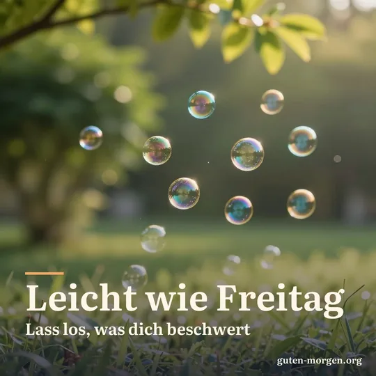 Schillernde Seifenblasen schweben im goldenen Morgenlicht über einem sonnigen Rasen, dahinter unscharfes grünes Laub; Schrift: „Leicht wie Freitag Lass los, was dich beschwert“