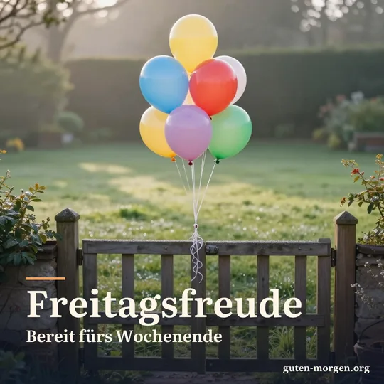 Bunte Luftballons an einem hölzernen Gartentor in der Morgensonne, dahinter glitzert der Rasen im Tau; Schrift: „Freitagsfreude! Bereit fürs Wochenende“