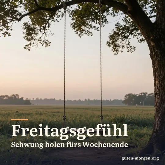 Holzschaukel an einem alten Baum mit Blick über weite Felder bei Sonnenaufgang; Schrift: „Freitagsgefühl: Schwung holen fürs Wochenende“
