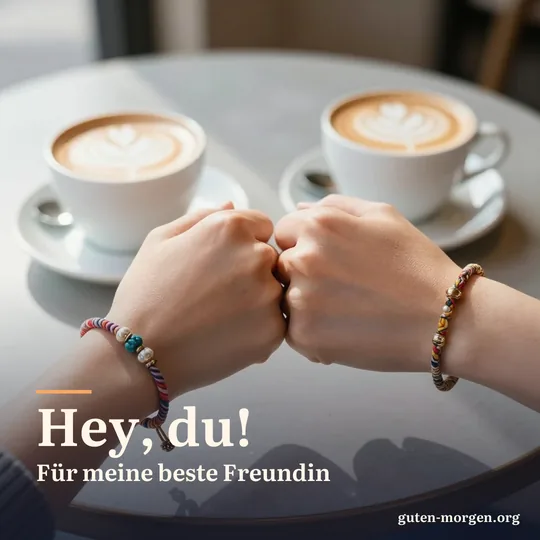 Zwei Hände mit bunten geflochtenen Freundschaftsbändern stoßen über einem Cafétisch die Fäuste aneinander, im Hintergrund unscharf zwei Cappuccinos; Schrift: „Hey, du! Für meine beste Freundin“