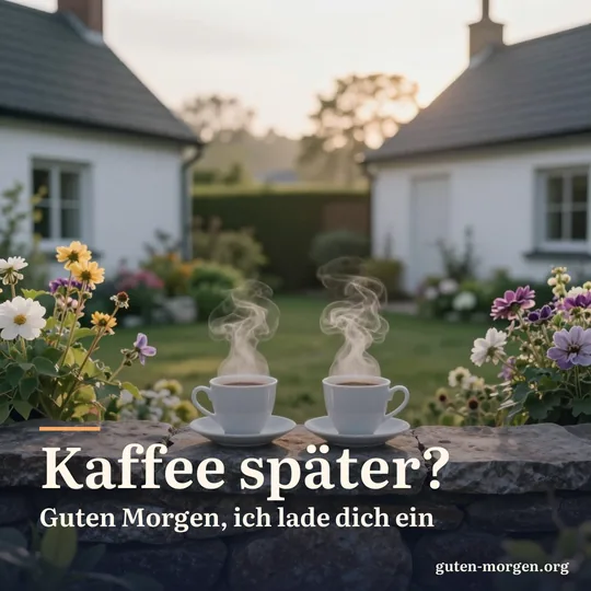 Zwei dampfende Kaffeetassen auf einer niedrigen Steinmauer zwischen zwei benachbarten Bauerngärten bei Sonnenaufgang, Blumen auf beiden Seiten; Schrift: „Kaffee später? Guten Morgen, ich lade dich ein“
