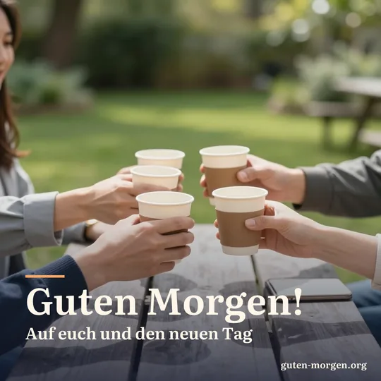 Hände einer Freundesgruppe heben über einem Picknicktisch im Garten gemeinsam Kaffeetassen, helle Morgensonne; Schrift: „Guten Morgen! Auf euch und den neuen Tag“