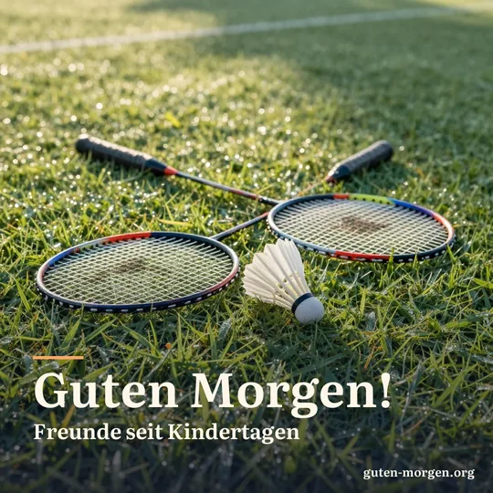 Zwei Federballschläger und ein weißer Federball liegen auf einem taunassen Rasen bei Sonnenaufgang, lange weiche Schatten; Schrift: „Guten Morgen! Freunde seit Kindertagen“