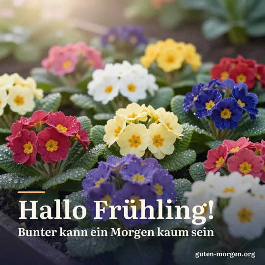 Kissenprimeln in vielen Farben mit Tautropfen im Gartenbeet, aus der Nähe im weichen Morgenlicht; Schrift: „Hallo Frühling! Bunter kann ein Morgen kaum sein“