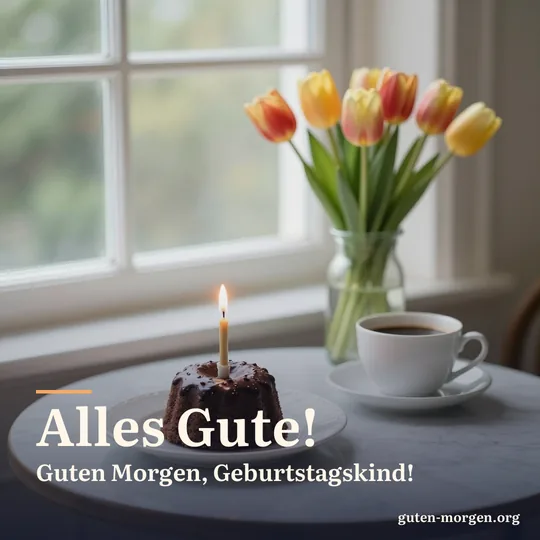 Frühstückstisch am sonnigen Fenster mit kleinem Schokoladenkuchen und einer einzelnen brennenden Kerze, Kaffeetasse und Tulpenvase; Schrift: „Alles Gute! Guten Morgen, Geburtstagskind!“