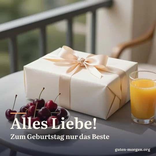 Geschenkschachtel in schlichtem Papier mit Seidenschleife neben einer Schale frischer Kirschen und einem Glas Orangensaft auf einem Balkontisch in der Morgensonne; Schrift: „Alles Liebe! Zum Geburtstag nur das Beste“