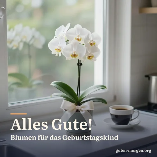 Eine kleine weiße Orchidee im Topf, mit einer Satinschleife als Geschenk gebunden, auf einer sonnigen Küchenfensterbank neben einer Tasse Kaffee; Schrift: „Alles Gute! Blumen für das Geburtstagskind“