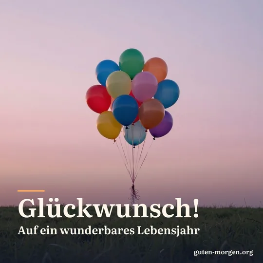 Ein Bündel bunter Luftballons steigt über einer Wiese in den rosafarbenen Morgenhimmel; Schrift: „Glückwunsch! Auf ein wunderbares Lebensjahr“