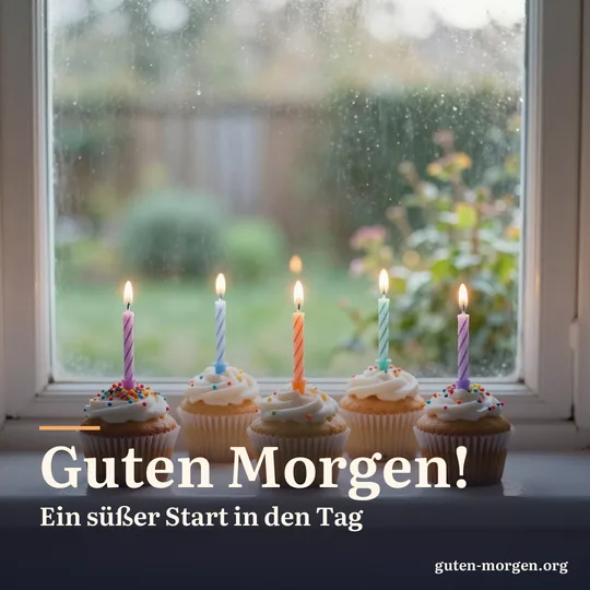 Cupcakes mit bunten Streuseln ohne Kerzen auf einer Fensterbank, draußen ein taufrischer Garten in der Morgensonne; Schrift: „Guten Morgen! Ein süßer Start in den Tag“
