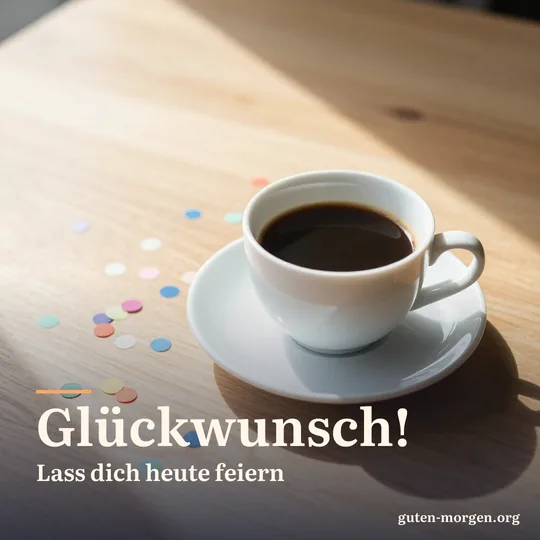Buntes Papierkonfetti auf einem Holztisch rund um eine Tasse Kaffee im hellen Morgenlicht; Schrift: „Glückwunsch! Lass dich heute feiern“