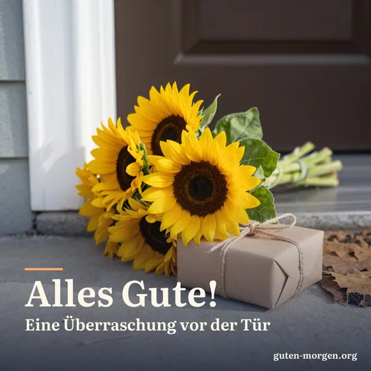Ein Strauß Sonnenblumen und ein kleines verpacktes Geschenk auf einer Türschwelle in der Morgensonne; Schrift: „Alles Gute! Eine Überraschung vor der Tür“