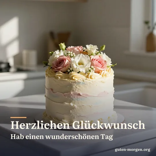 Hohe Torte mit pastellfarbener Buttercreme und frischen Blumen obenauf auf einer Küchenarbeitsplatte im Morgenlicht, ohne Kerzen; Schrift: „Herzlichen Glückwunsch“ und „Hab einen wunderschönen Tag“