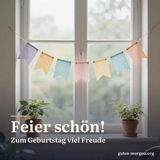 Wimpelkette aus Papier in Pastellfarben vor einem sonnigen Fenster mit Topfpflanzen auf der Fensterbank, weiches Morgenlicht; Schrift: „Feier schön! Zum Geburtstag viel Freude“