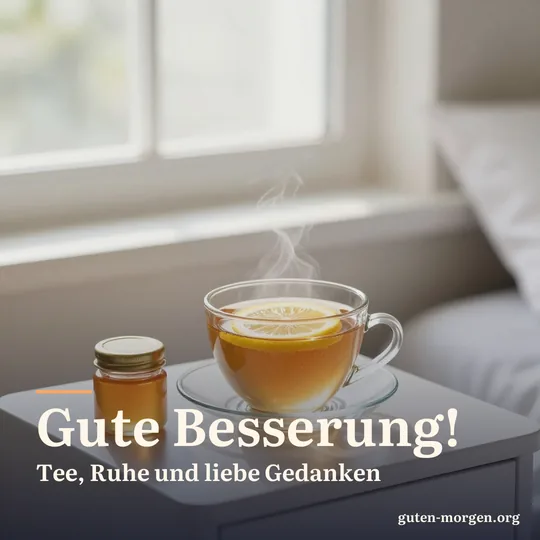 Tasse Tee mit Zitronenscheibe und ein kleines Glas Honig auf einem Nachttisch im weichen Morgenlicht; Schrift: „Gute Besserung! Tee, Ruhe und liebe Gedanken“