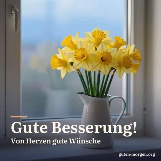 Strauß gelber Osterglocken in einem weißen Emaillekrug auf einer sonnigen Fensterbank, draußen blauer Morgenhimmel; Schrift: „Gute Besserung! Von Herzen gute Wünsche“