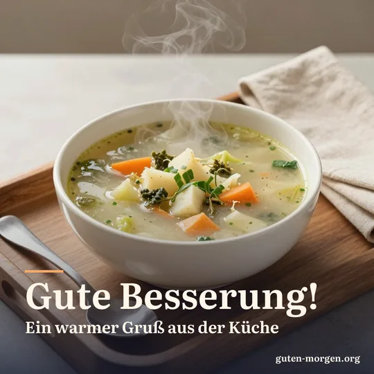 Schüssel dampfende Gemüsesuppe auf einem Holztablett mit Löffel und gefalteter Leinenserviette; Schrift: „Gute Besserung! Ein warmer Gruß aus der Küche“