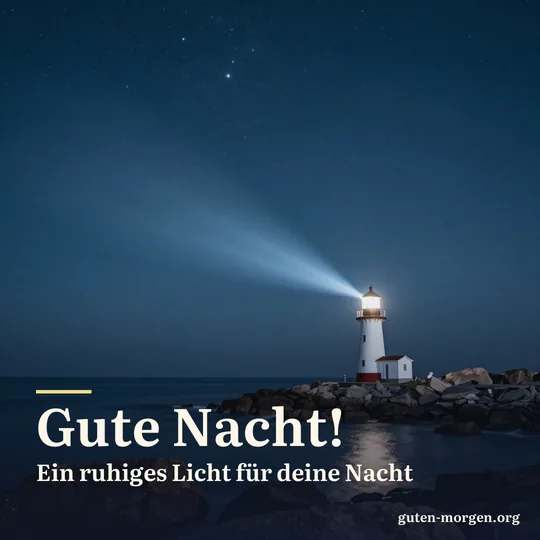 Leuchtturm an einer Felsküste bei Nacht, sein Lichtstrahl streicht über das ruhige Meer unter einem Sternenhimmel; Schrift: „Gute Nacht! Ein ruhiges Licht für deine Nacht“