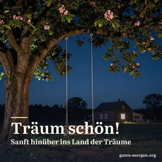 Holzschaukel an einer großen Kastanie unter dem Sternenhimmel, in der Ferne ein Bauernhaus mit einem erleuchteten Fenster; Schrift: „Träum schön! Sanft hinüber ins Land der Träume“