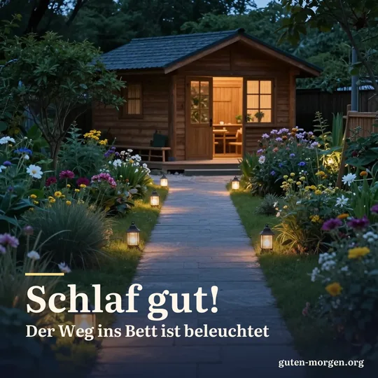 Gartenweg mit kleinen leuchtenden Laternen führt nachts zu einem hölzernen Gartenhaus; Schrift: „Schlaf gut! Der Weg ins Bett ist beleuchtet“