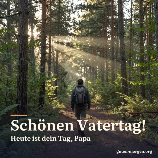 Ein Mann mit Rucksack geht, von hinten gesehen, einen Waldweg entlang, Sonnenstrahlen fallen durch hohe Kiefern; Schrift: „Schönen Vatertag! Heute ist dein Tag, Papa“