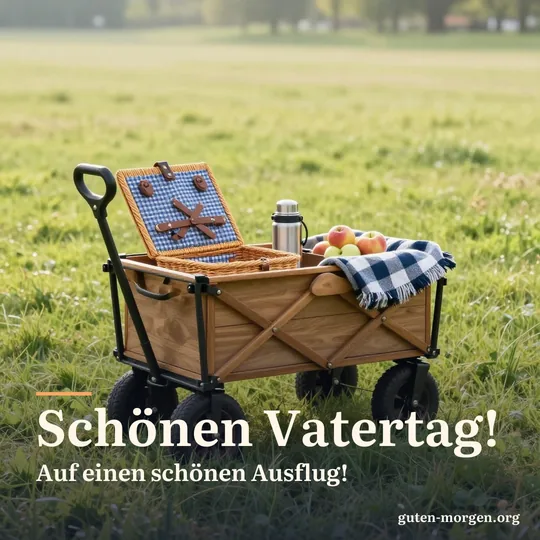 Hölzerner Bollerwagen mit Picknickkorb, Thermoskanne, Äpfeln und karierter Decke am Rand einer sonnigen Wiese; Schrift: „Schönen Vatertag! Auf einen schönen Ausflug!“