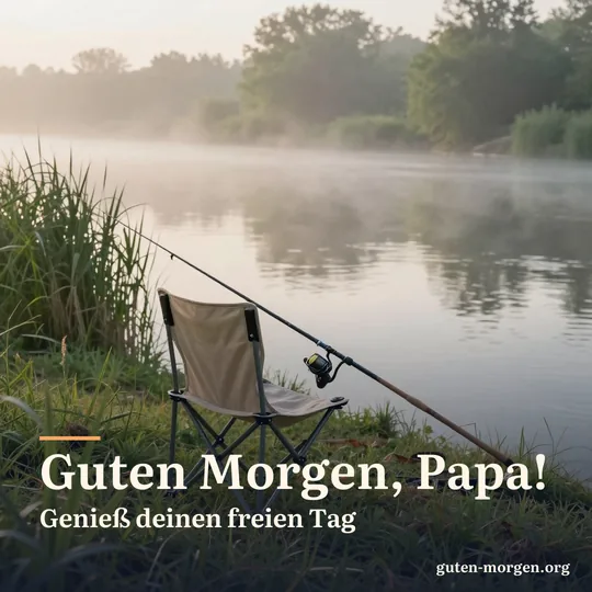Angelrute an einem Klappstuhl am grasigen Flussufer in der Morgendämmerung, Schilf und Nebel über dem Wasser; Schrift: „Guten Morgen, Papa! Genieß deinen freien Tag“