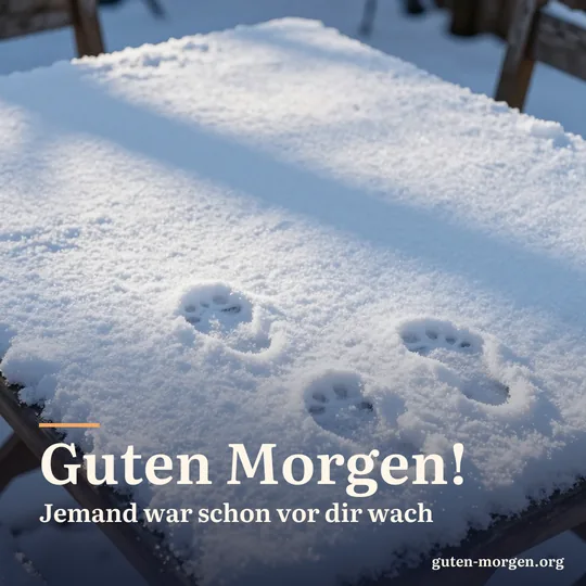 Kleine Vogelspuren im frischen Schnee auf einem hölzernen Gartentisch, die Morgensonne wirft lange Schatten; Schrift: „Guten Morgen! Jemand war schon vor dir wach“