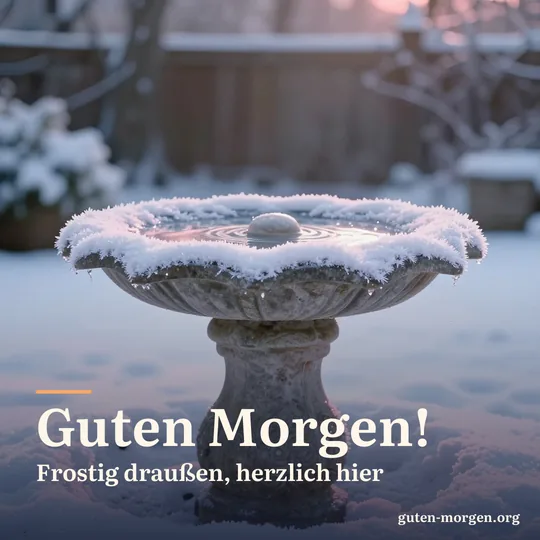 Eine zugefrorene steinerne Vogeltränke im verschneiten Garten bei Sonnenaufgang, feine Eiskristalle am Rand; Schrift: „Guten Morgen! Frostig draußen, herzlich hier“