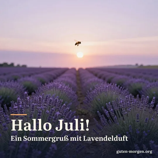 Reihen blühenden Lavendels im frühen Morgenlicht, eine Biene schwebt darüber, die Sonne steht tief; Schrift: „Hallo Juli! Ein Sommergruß mit Lavendelduft“
