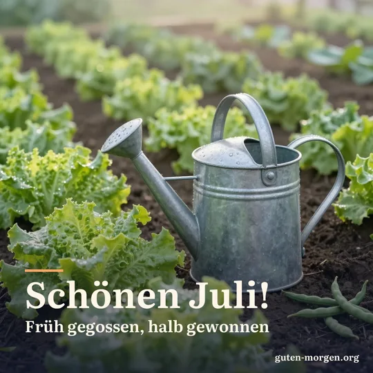 Verzinkte Gießkanne neben Salat- und Bohnenreihen in einem Gemüsegarten in der Morgendämmerung, Wassertropfen glitzern auf den Blättern; Schrift: „Schönen Juli! Früh gegossen, halb gewonnen“