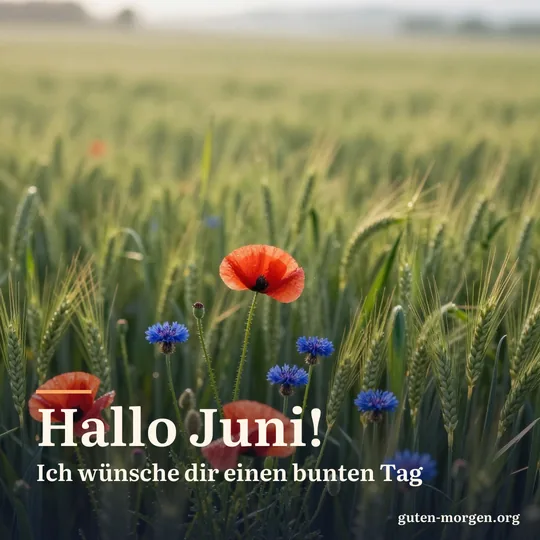 Roter Mohn und blaue Kornblumen am Rand eines grünen Getreidefelds im frühen Morgenlicht; Schrift: „Hallo Juni! Ich wünsche dir einen bunten Tag“