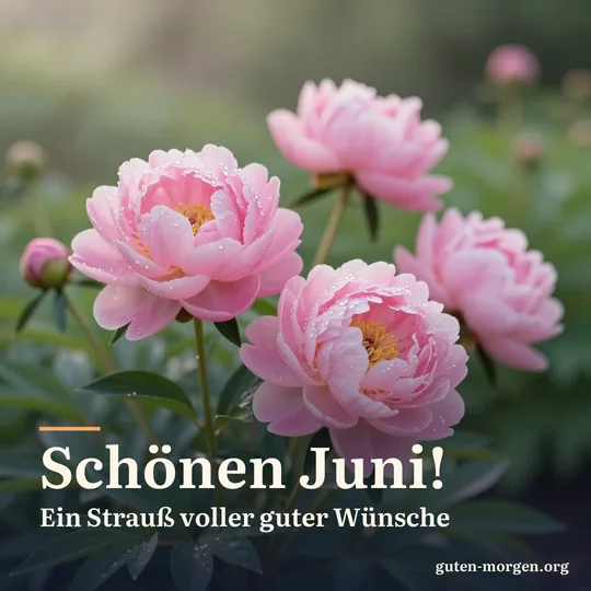 Üppige rosa Pfingstrosen mit Tautropfen in einem Bauerngarten im sanften Morgenlicht; Schrift: „Schönen Juni! Ein Strauß voller guter Wünsche“