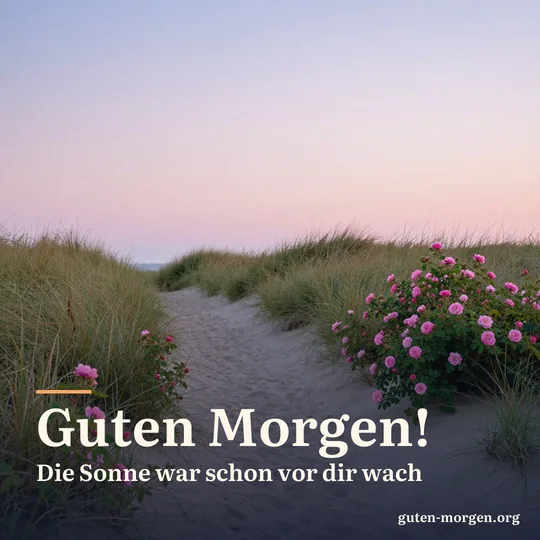 Sandweg durch grasbewachsene Dünen mit blühenden Kartoffelrosen auf einer Nordseeinsel beim ersten Sonnenlicht; Schrift: „Guten Morgen! Die Sonne war schon vor dir wach“