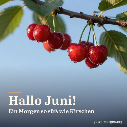 Reife rote Kirschen mit Tautropfen an einem Zweig vor blauem Morgenhimmel; Schrift: „Hallo Juni! Ein Morgen so süß wie Kirschen“