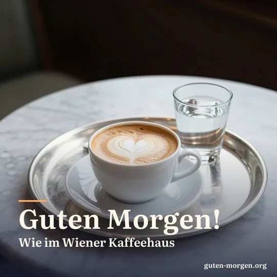 Silbernes Tablett mit einer Melange und einem Glas Wasser auf einem Marmortisch im Kaffeehaus, weiches Morgenlicht; Schrift: „Guten Morgen! Wie im Wiener Kaffeehaus“