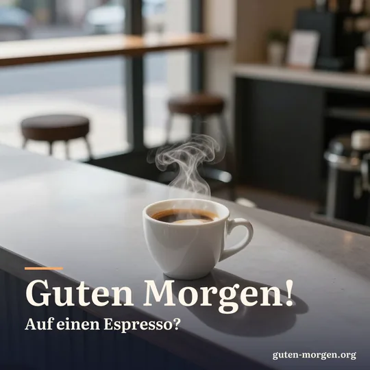 Dampfender Espresso in einer kleinen weißen Tasse auf einem glänzenden Café-Tresen, Morgensonne fällt durchs Fenster; Schrift: „Guten Morgen! Auf einen Espresso?“