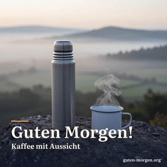 Thermoskanne und dampfender Emaillebecher auf einem Felsen über einem nebligen Tal bei Sonnenaufgang; Schrift: „Guten Morgen! Kaffee mit Aussicht“