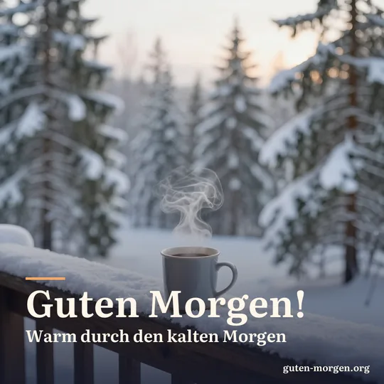 Dampfender Kaffeebecher auf einem verschneiten Holzgeländer, dahinter verschneiter Kiefernwald im Morgenlicht; Schrift: „Guten Morgen! Warm durch den kalten Morgen“