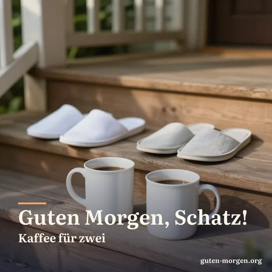 Zwei weiße Kaffeebecher auf den Holzstufen einer Gartenveranda, daneben zwei Paar Hausschuhe, frühe Morgensonne; Schrift: „Guten Morgen, Schatz! Kaffee für zwei“