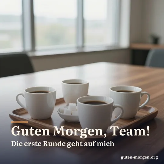 Holztablett mit vier weißen Kaffeetassen und einer Schale Würfelzucker auf einem langen Besprechungstisch im Morgenlicht; Schrift: „Guten Morgen, Team! Die erste Runde geht auf mich“