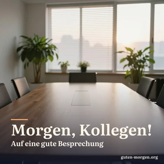 Leerer Besprechungsraum mit langem Holztisch, Grünpflanzen und Stühlen, weiches Licht des Sonnenaufgangs fällt durch Jalousien; Schrift: „Morgen, Kollegen! Auf eine gute Besprechung“