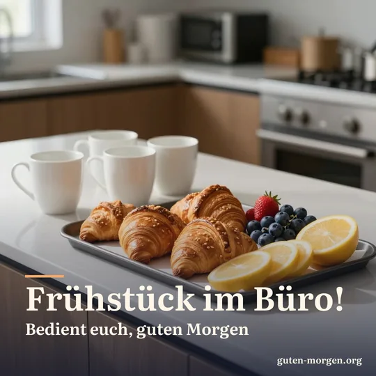 Tablett mit Croissants und frischem Obst auf der Theke einer Büroküche, daneben schlichte Tassen im Morgenlicht; Schrift: „Frühstück im Büro! Bedient euch, guten Morgen“