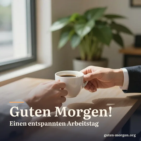 Eine Hand reicht einer anderen eine Tasse Kaffee über einen hellen Holztisch am Fenster, Morgensonne, im Hintergrund unscharf eine Grünpflanze; Schrift: „Guten Morgen! Einen entspannten Arbeitstag“