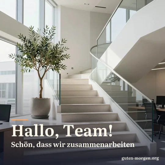 Helles Treppenhaus in einem modernen Bürogebäude, durchflutet von Morgenlicht, auf dem Treppenabsatz ein Olivenbaum im Topf; Schrift: „Hallo, Team! Schön, dass wir zusammenarbeiten“