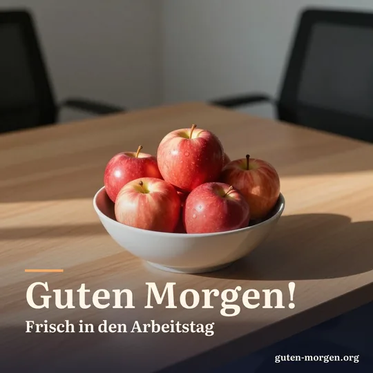 Schale mit glänzend roten Äpfeln auf einem gemeinsamen Holztisch im Büro, die Morgensonne wirft lange Schatten; Schrift: „Guten Morgen! Frisch in den Arbeitstag“