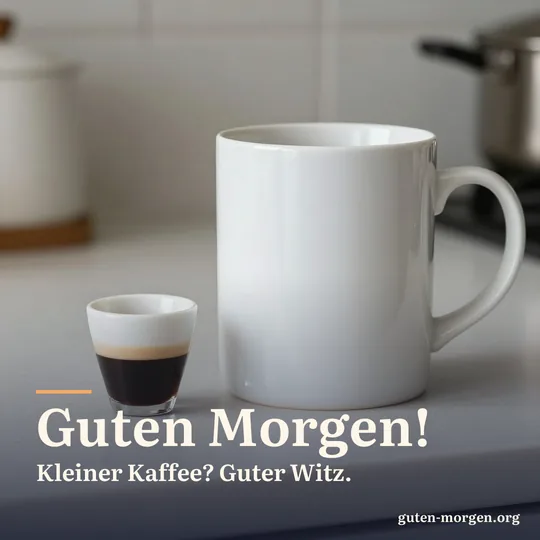 Winzige Espressotasse neben einem riesigen weißen Becher auf einer Küchenarbeitsplatte im Morgenlicht; Schrift: "Guten Morgen! Kleiner Kaffee? Guter Witz."