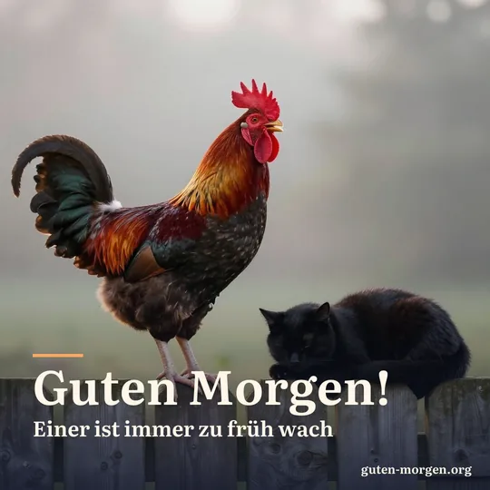 Ein Hahn kräht bei Sonnenaufgang auf einem Holzzaun, direkt daneben schläft eine schwarze Katze zusammengerollt auf dem Zaunpfosten; Schrift: "Guten Morgen! Einer ist immer zu früh wach"